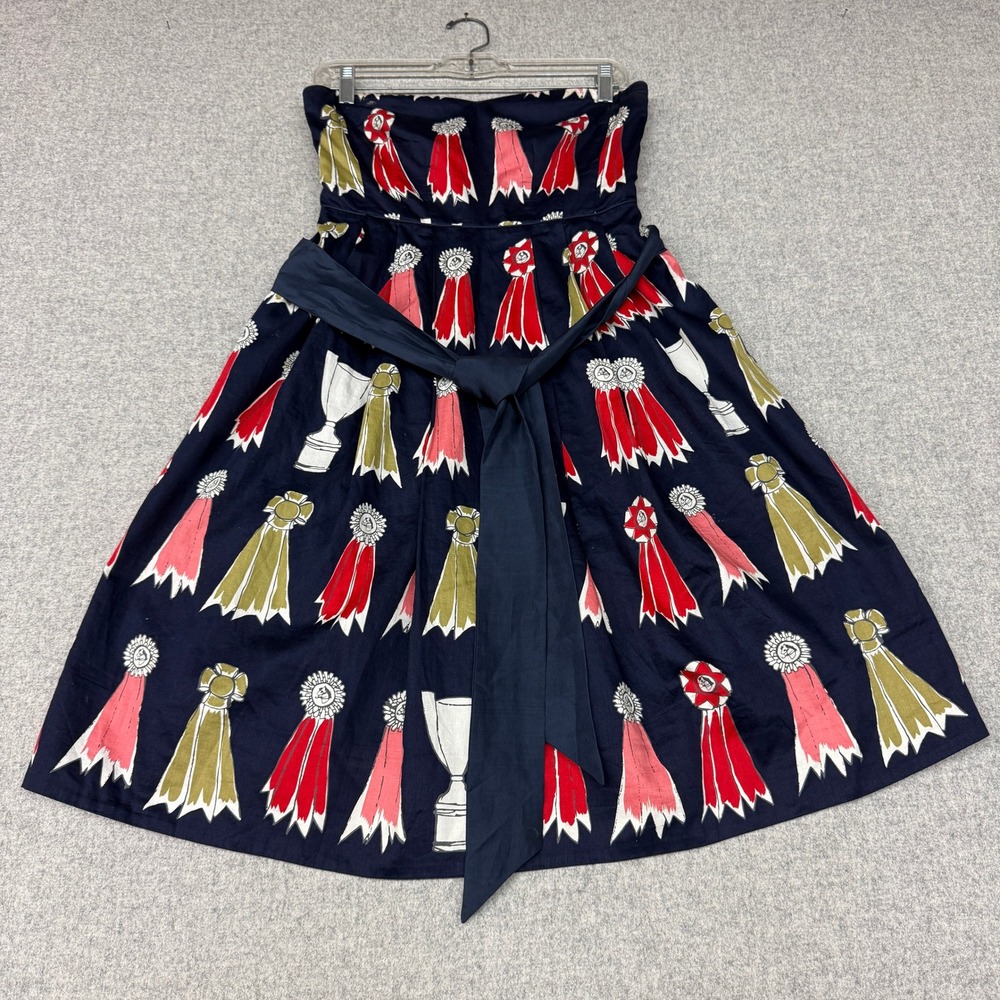 We Love Vera Strapless Dress 2 Navy Blue Prize Ribbon Trophy Print Silk Trim Bel